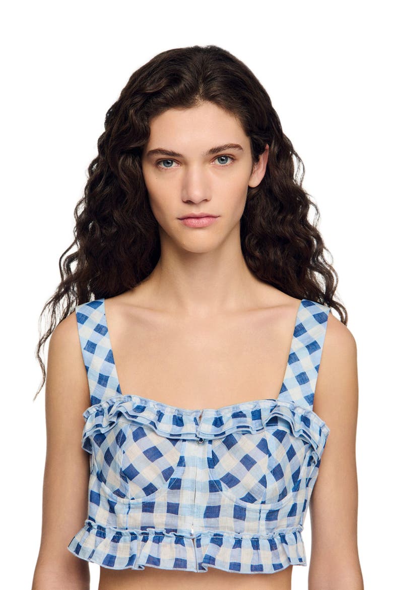 Gingham linen crop top, Alternate, color, Blu / white