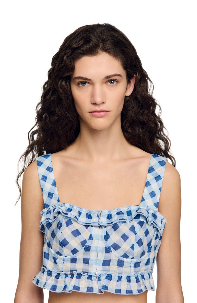 SANDRO Gingham linen crop top, Alternate, color, Blu / White