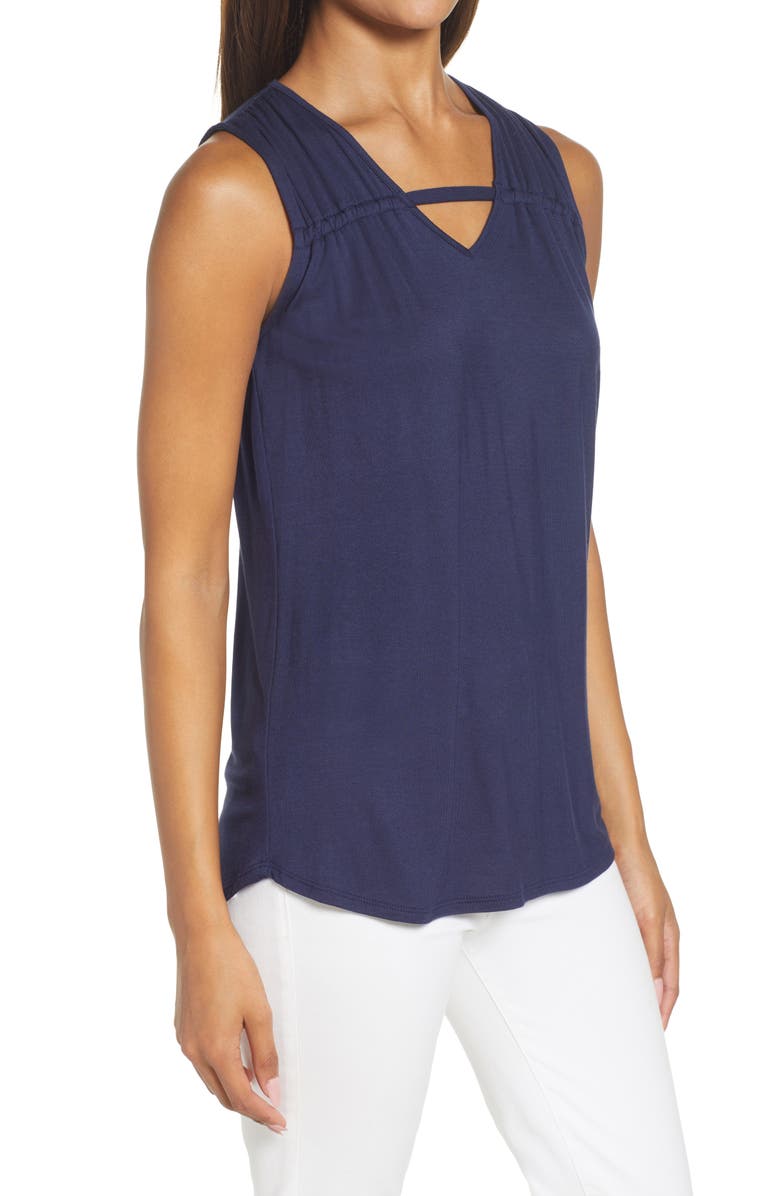 Loveappella Solid Gathered Shoulder Cutout Tank, Alternate, color, 