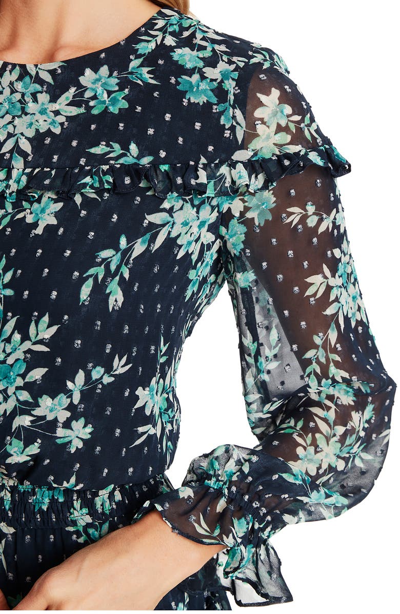 CeCe Breezy Bouquet Clip Dot Ruffle Hem Long Sleeve Dress, Alternate, color, 