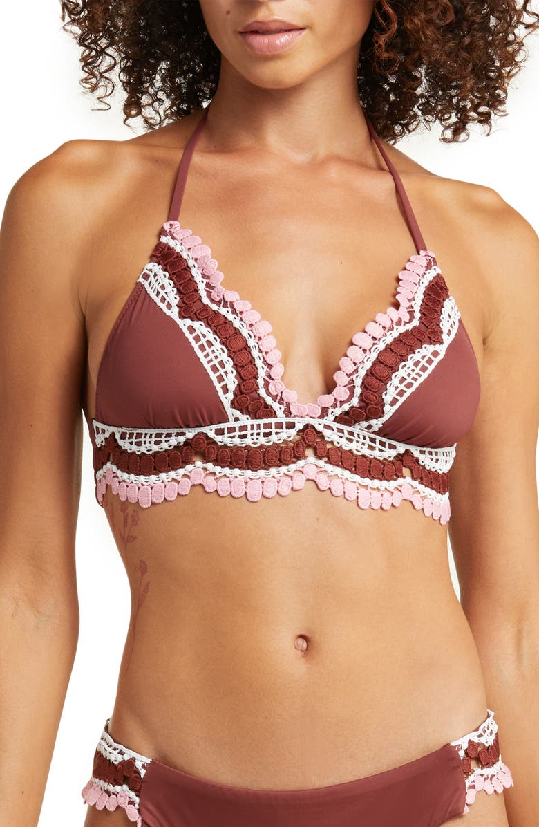 Becca Delilah Crochet Trim Halter Bikini Top, Main, color, 