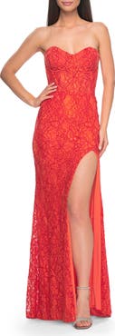 La Femme Stretch Lace Dress with Bustier Bodice and Illusion Back
