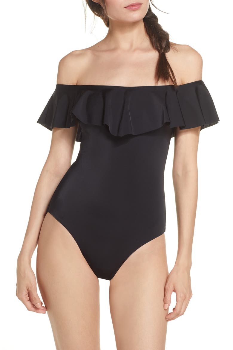 Off the Shoulder Ruffle One-Piece Swimsuit, Main, color, BLACK