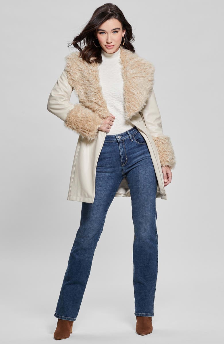 GUESS Faux Leather & Faux Fur Coat, Alternate, color, White