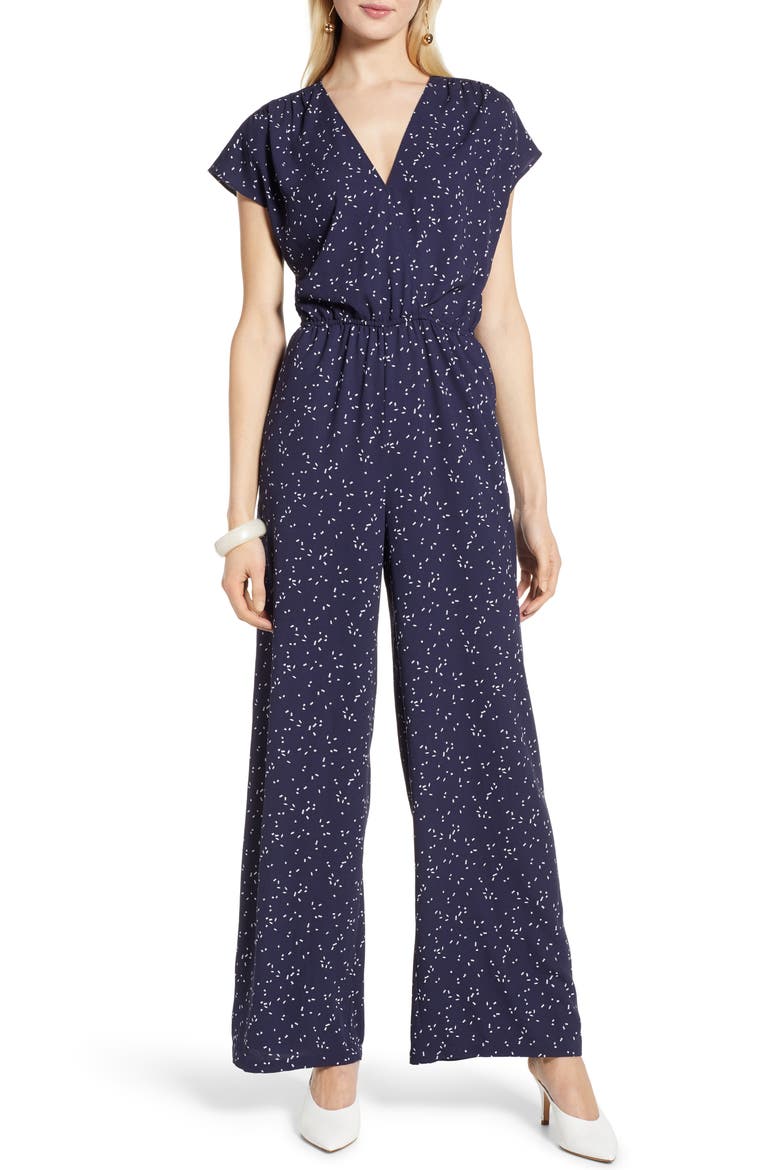 Faux Wrap Jumpsuit, Main, color, NAVY GEO PRINT