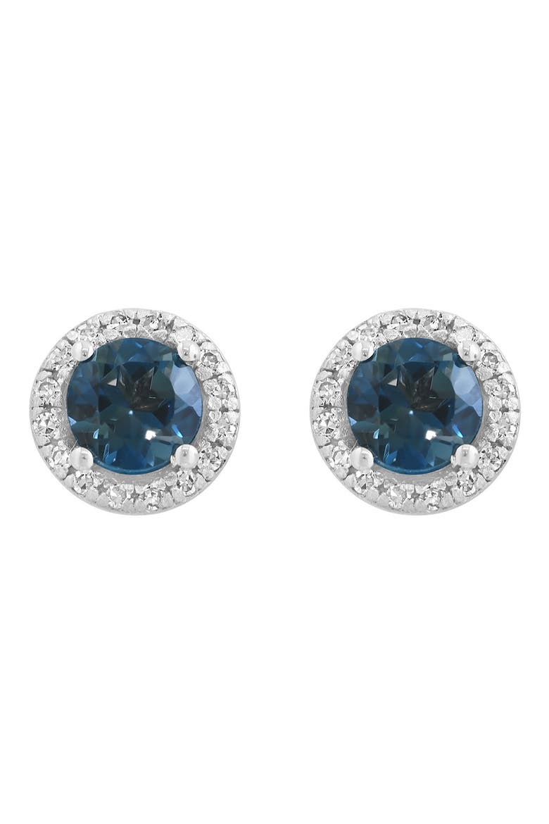 14K White Gold Round London Blue Topaz & Diamond Halo Stud Earrings, Main, color, BLUE