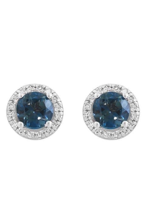 14K White Gold Round London Blue Topaz & Diamond Halo Stud Earrings