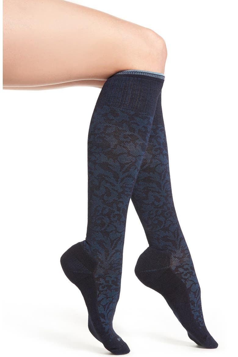 'Damask' Compression Socks, Main, color, NAVY