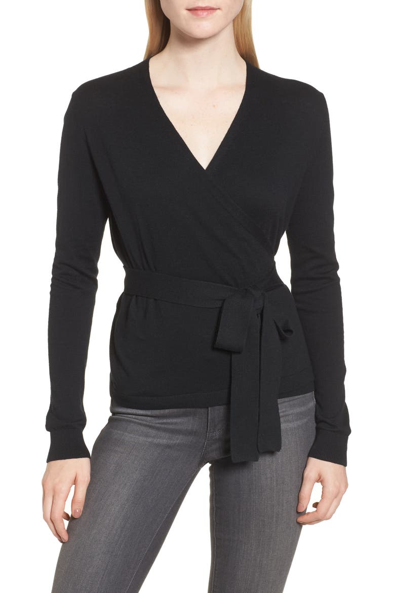 Ballet Wrap Sweater, Main, color, BLACK