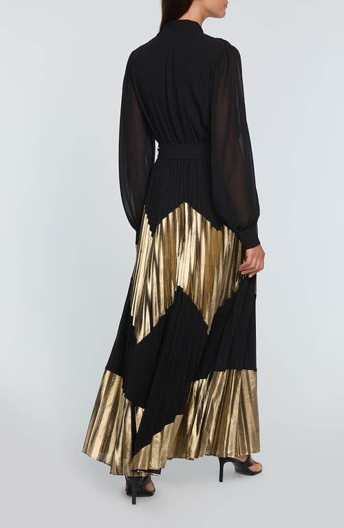 Elie Tahari The Carrie Gilded Pleated Long Sleeve Maxi Dress In Noir And Gold