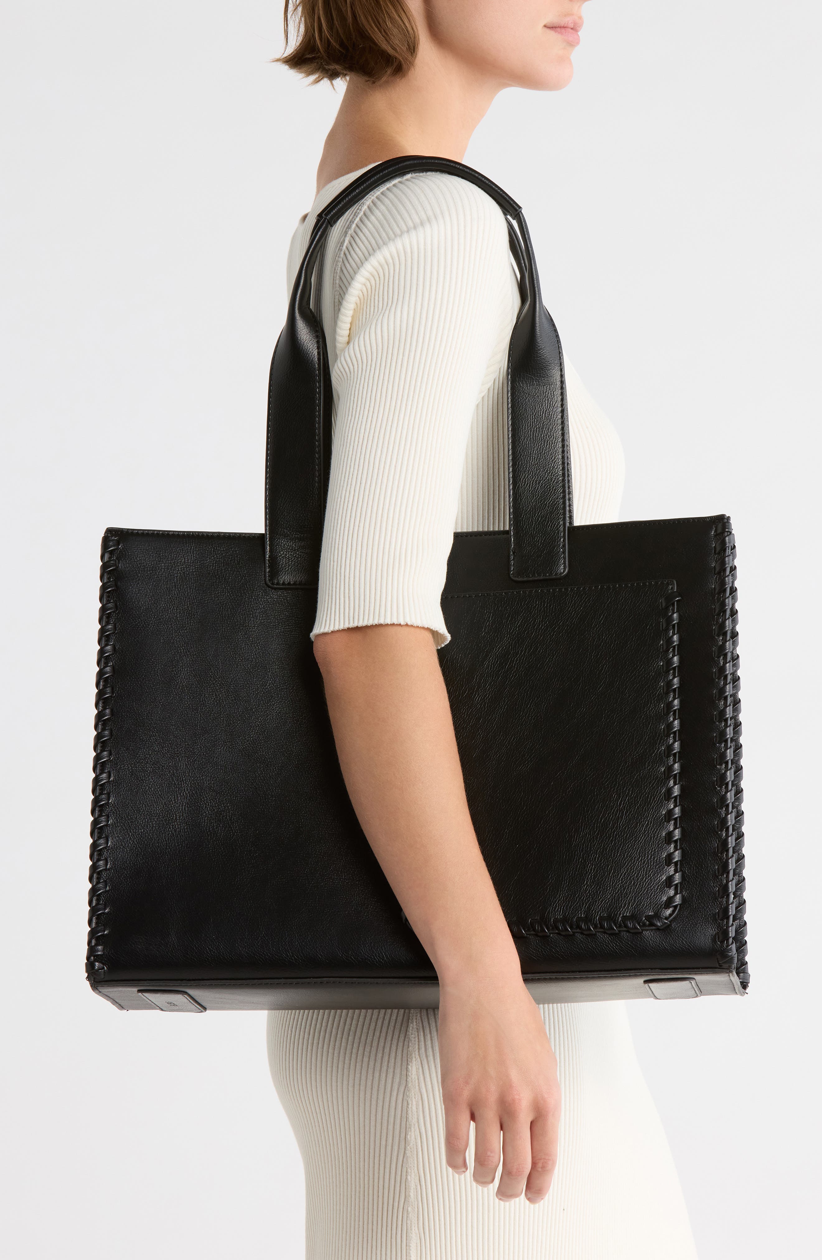 BCBG Whipstitch Tote, Alternate, color, Black