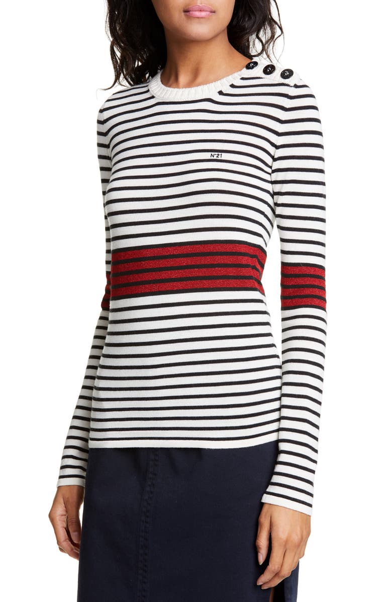 N°21 Nº21 Glitter Stripe Button Shoulder Sweater, Alternate, color, 