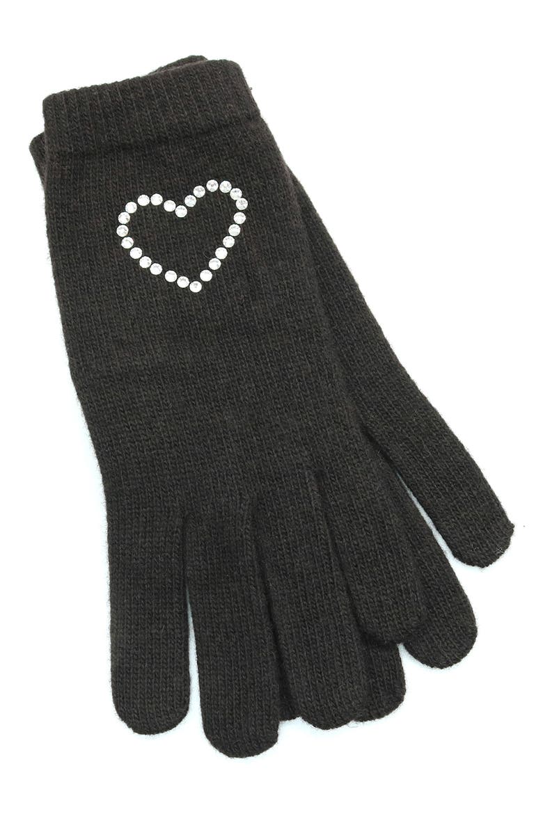 Crystal Embellished Heart Gloves, Main, color, DARK BROWN