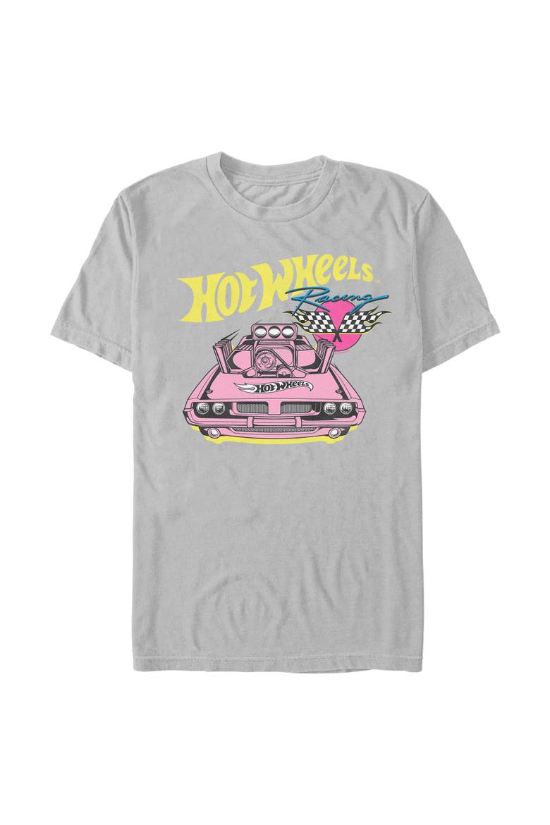 Mens Hot Wheels Rodger Dodger Retro Racing Flags T Shirt, Main, color, Ice Grey
