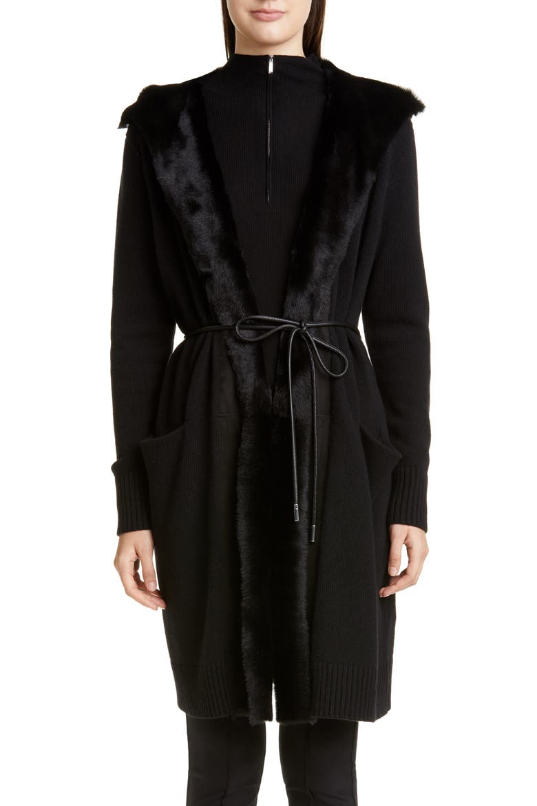 Wool & Cashmere Cardigan with Genuine Shearling Trim, Main, color, BLACK