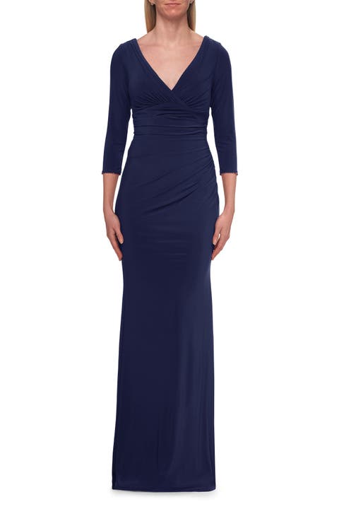 V-Neck Ruched Gown with Three-Quarter Sleeves