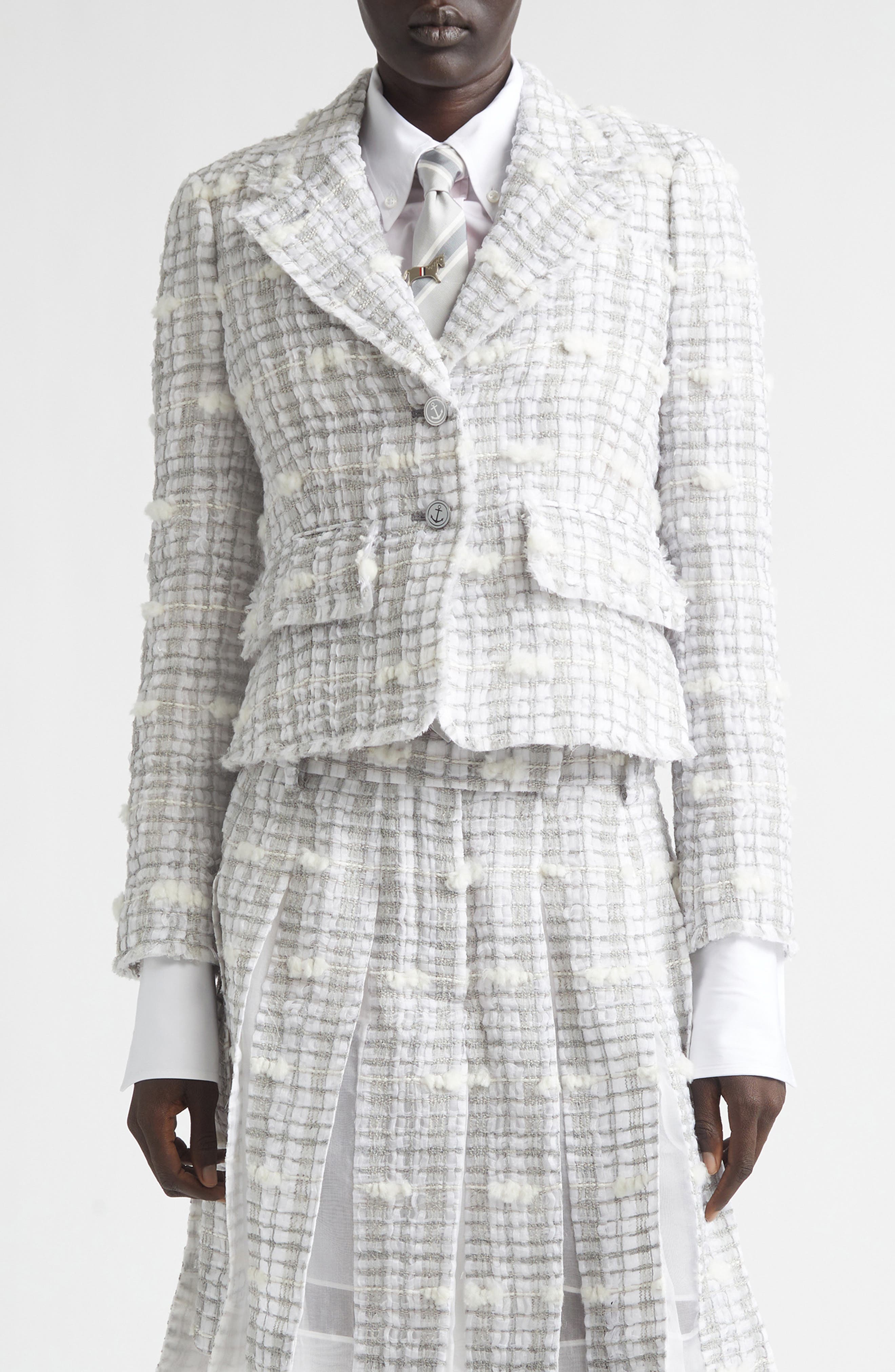 Crop Sculpted Shoulder Pouf Tweed Jacket