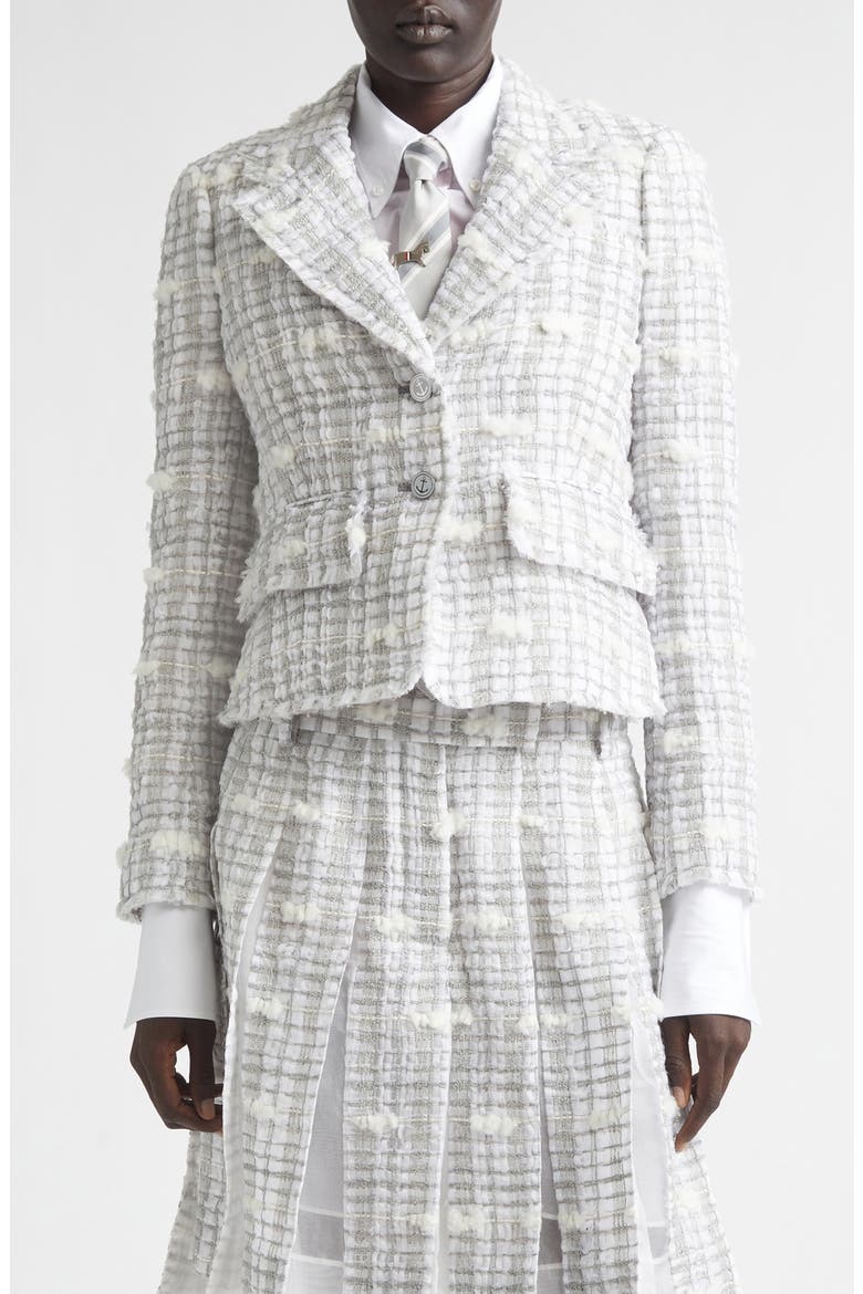 Crop Sculpted Shoulder Pouf Tweed Jacket, Main, color, MEDIUM GREY