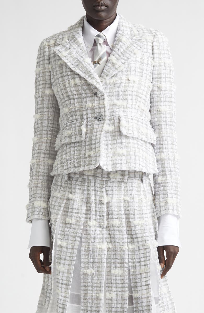 Thom Browne Crop Sculpted Shoulder Pouf Tweed Jacket, Main, color, Medium Grey