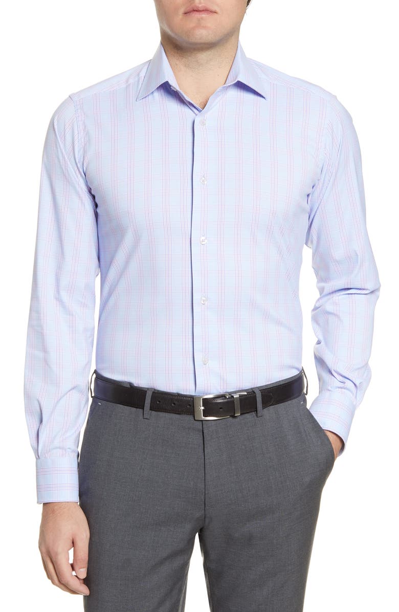 David Donahue Trim Fit Performance Stretch Plaid Dress Shirt, Main, color,