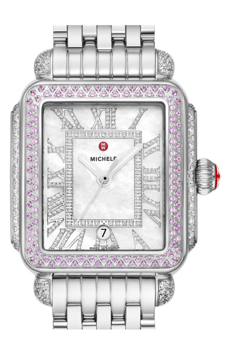 MICHELE Deco Madison Pink Sapphire & Diamond Bracelet Watch, 35mm, Alternate, color, 