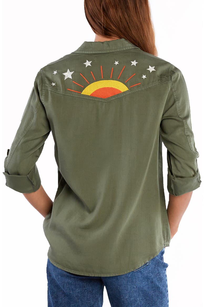 Hello Sunshine Embroidered Button-Up Shirt, Alternate, color, SOFT OLIVE