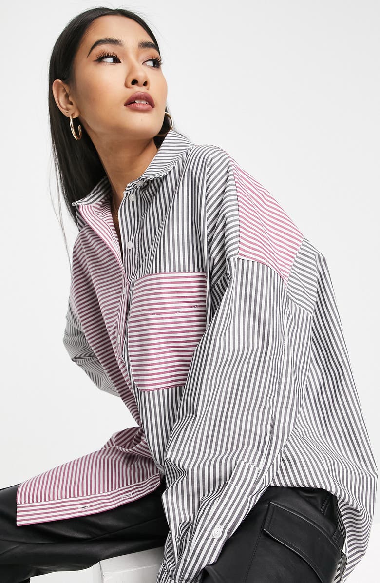 Topshop Patchwork Stripe Oversize Button-Up Shirt, Alternate, color,