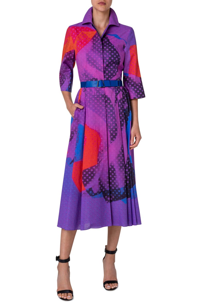 Akris Print Belted Wool & Silk Midi Shirtdress, Main, color, 