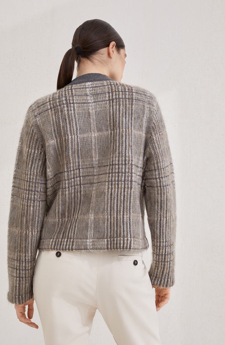 Brunello Cucinelli Jacquard cardigan with dazzling check, Alternate, color, Grey