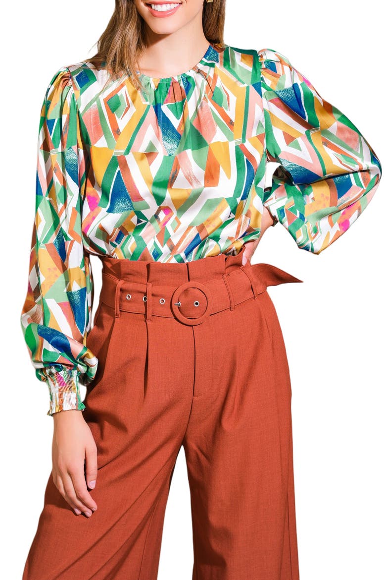 Geometric Print Long Sleeve Top, Main, color, SAGE MUSTARD