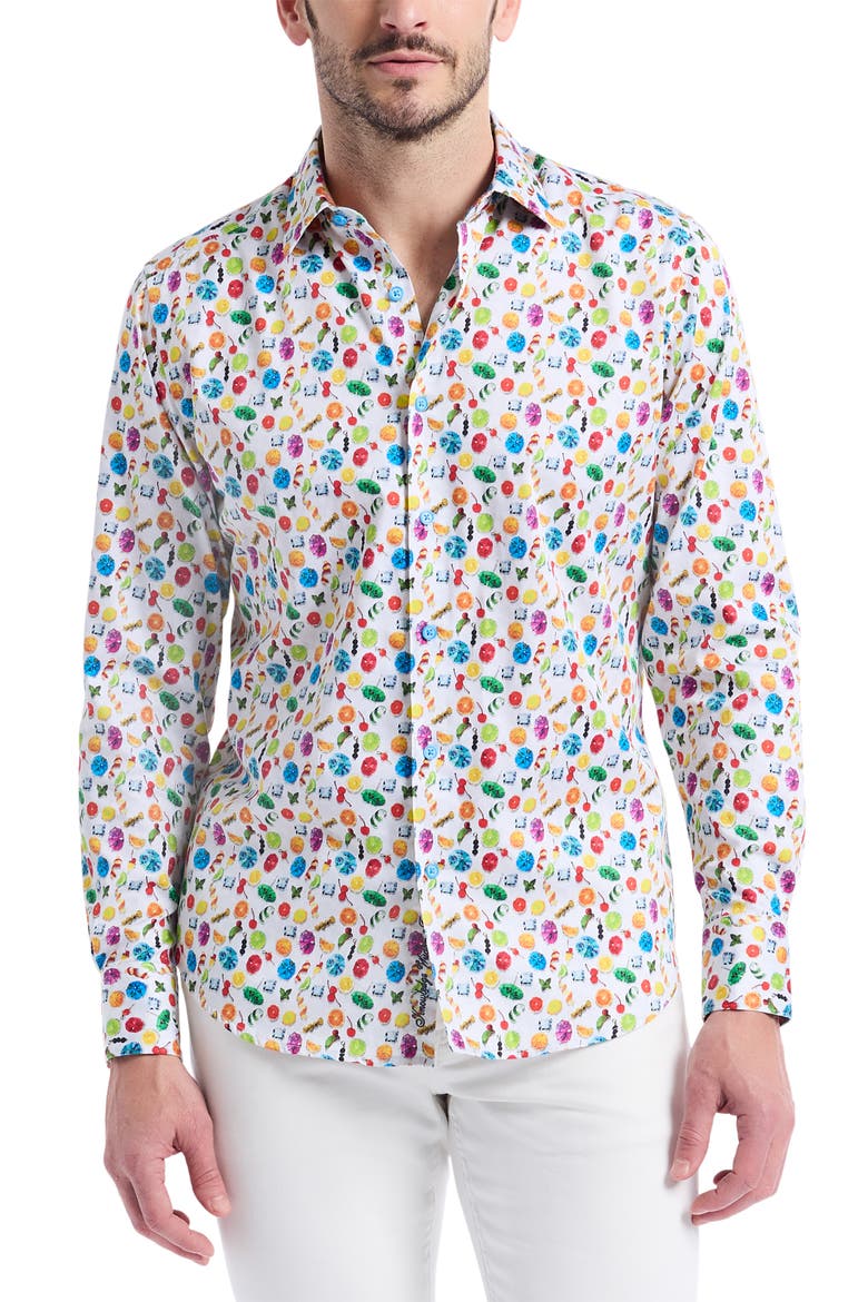 Garnish Print Stretch Cotton Button-Up Shirt, Main, color, WHITE MULTI