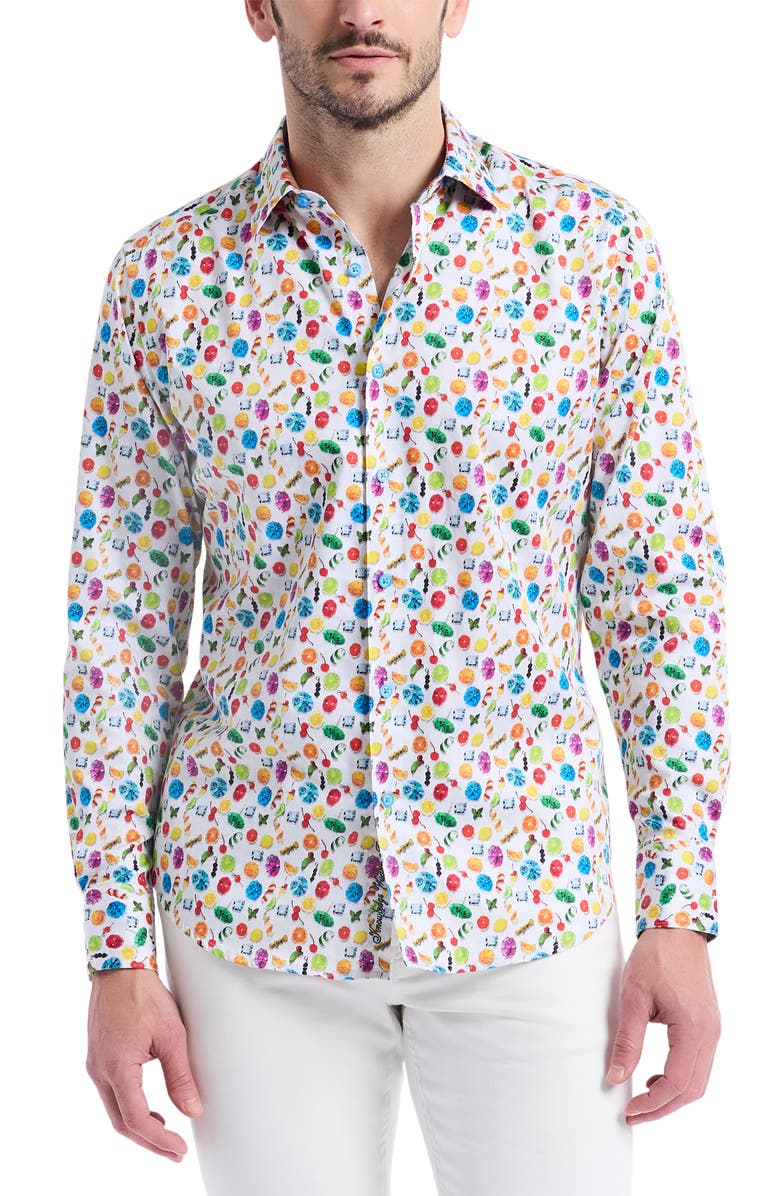 Robert Graham Garnish Print Stretch Cotton Button-Up Shirt, Main, color, White Multi