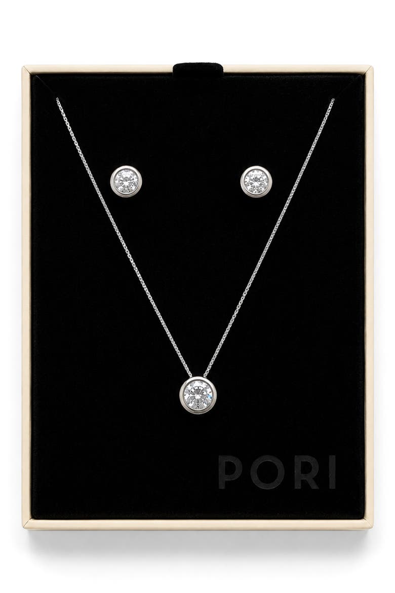 Cubic Zirconia Pendant Necklace & Stud Earrings Set, Main, color, SILVER PLATED