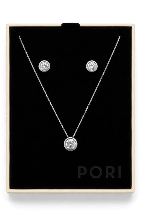 Cubic Zirconia Pendant Necklace & Stud Earrings Set