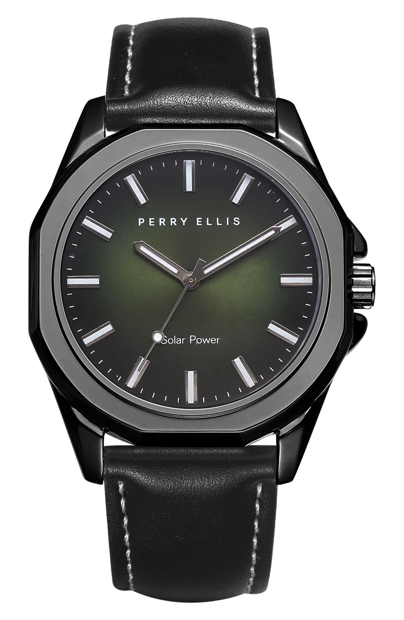 Perry Ellis Solar Powered 3-Hand Quartz Leather Strap Watch, 41mm