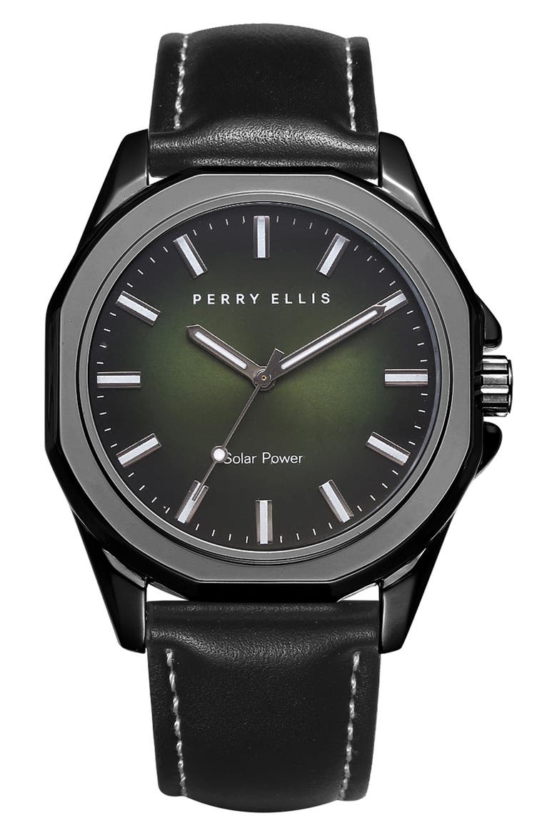 Solar Powered 3-Hand Quartz Leather Strap Watch, 41mm, Main, color, GUNMETAL