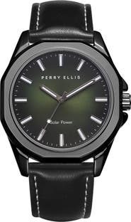 Perry Ellis Solar Powered 3-Hand Quartz Leather Strap Watch, 41mm