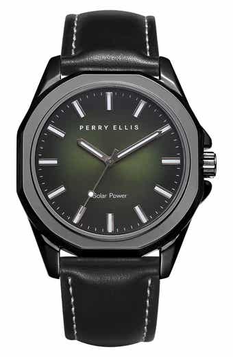 Perry Ellis Solar Powered 3-Hand Quartz Leather Strap Watch, 41mm