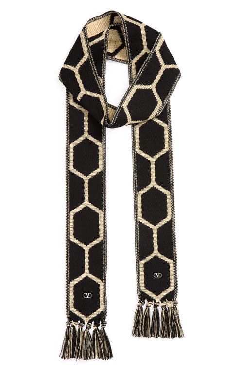 Valentino Garavani Antibes Jacquard Cotton Scarf With Fringe In Black/beige