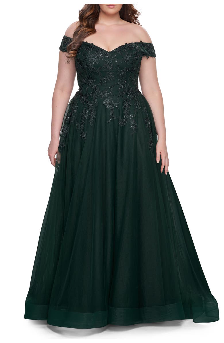 La Femme Off The Shoulder Tulle Plus Size Gown with Lace, Alternate, color, Dark Emerald