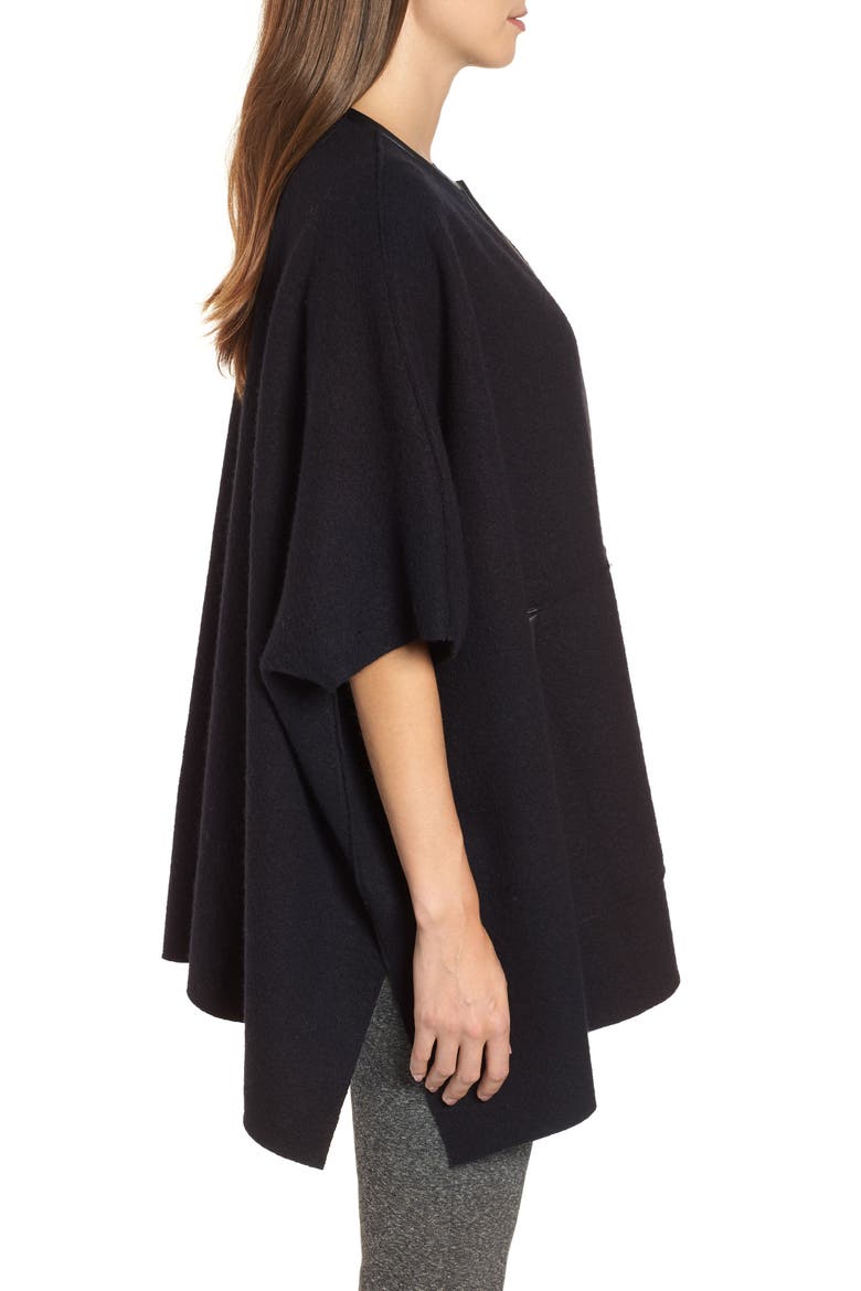 Boiled Wool Poncho Jacket with Leather Trim, Alternate, color, BLACK