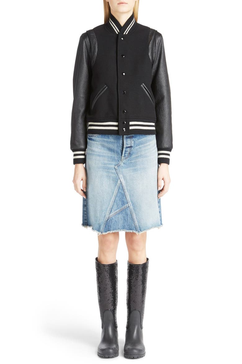 'Teddy' Full Leather Sleeve Bomber Jacket, Main, color, BLACK