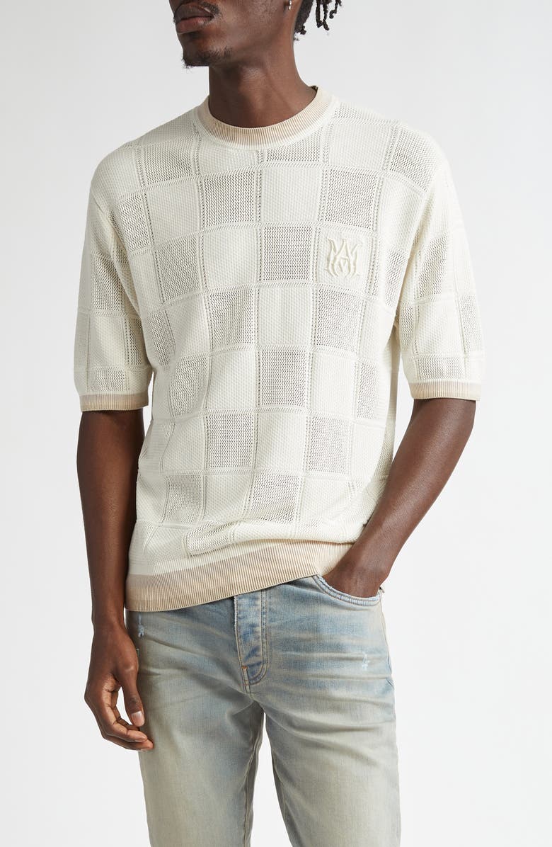 AMIRI Checkerboard Open Stitch Silk Blend Knit Top, Main, color, Birch