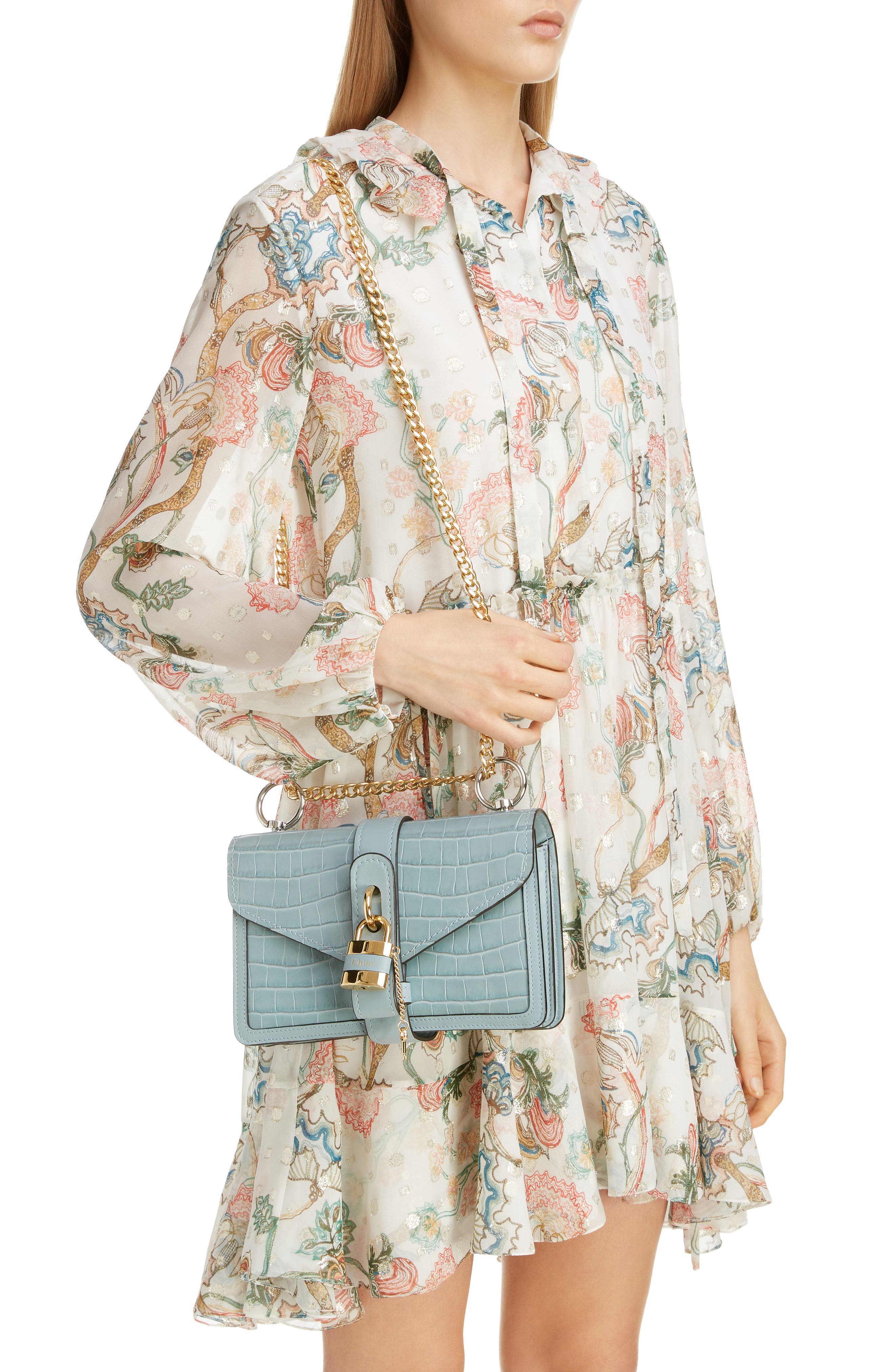 Chloé Aby Small Croc Embossed Shoulder Bag, Alternate, color, 