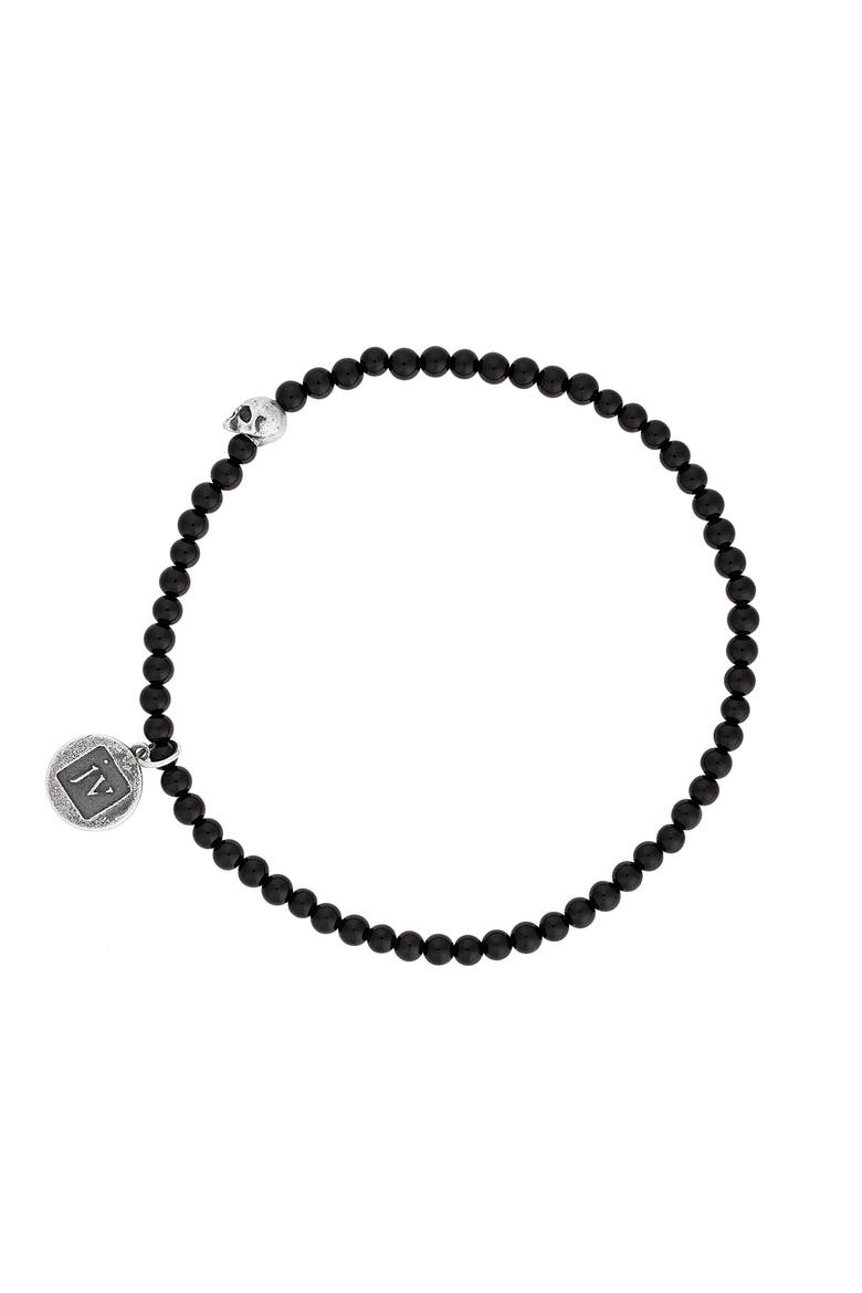 Skull Onyx Beaded Stretch Bracelet, Main, color, BLACK/SILVER