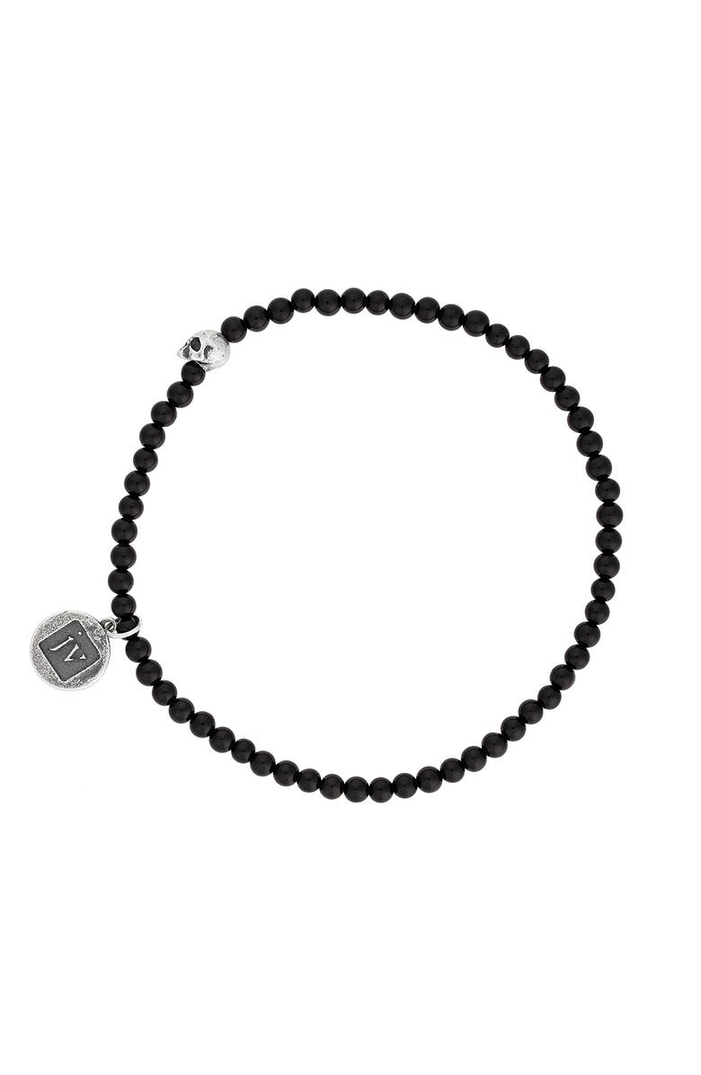 John Varvatos Skull Onyx Beaded Stretch Bracelet, Main, color, Black/Silver