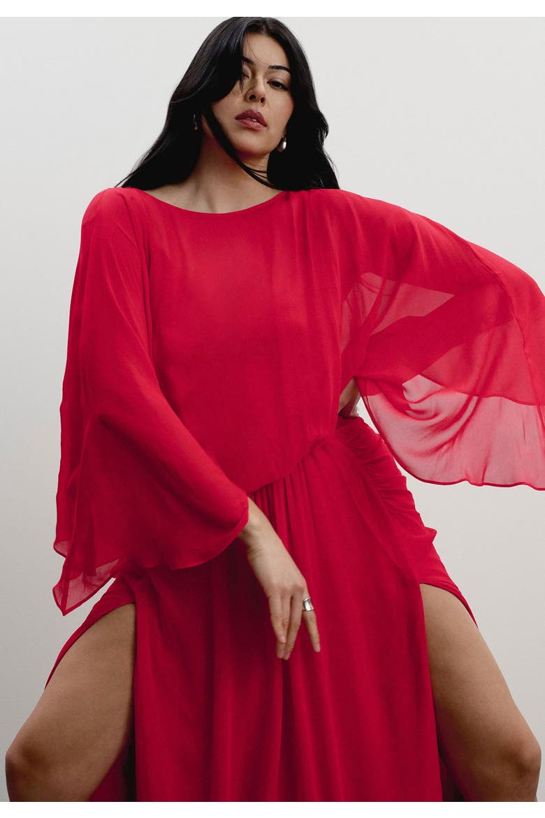 Sheer Draped Gown, Alternate, color, FLAME SCARLET