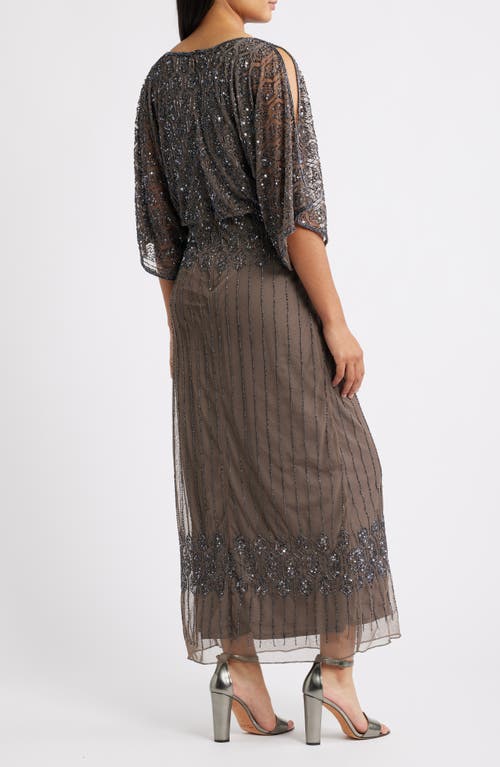 Pisarro Nights Beaded Blouson Split Sleeve Gown In Silver