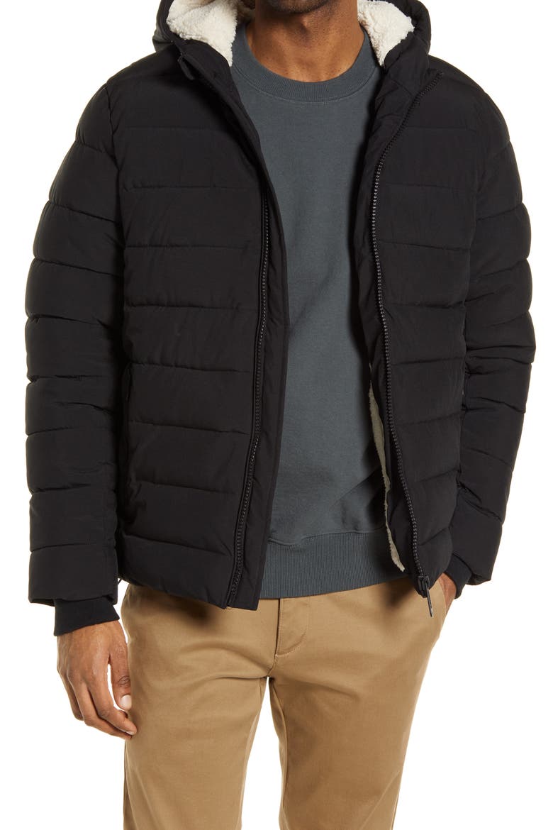 High Pile Fleece Lined Hooded Puffer Jacket, Main, color, BLACK