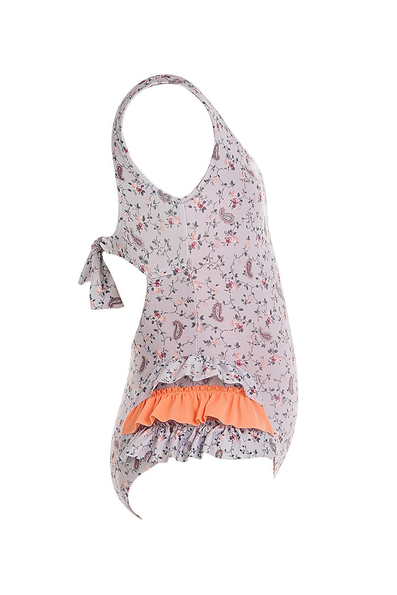 Vintage Floral Print Triple-Layered Side Ruffle Detail One-Piece Swimsuit, Alternate, color, Grey